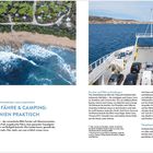 Überschrift: "ANREISE, FÄHRE & CAMPING: SARDINIEN PRAKTISCH". Links Luftaufnahme von Küste, rechts Autos auf Fähre.