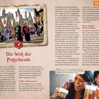 "Die Welt der Potterheads" in roter Schrift. Foto von schneebedeckten Dächern und kostümierten Personen. Zwei lachende Menschen mit Getränken.
