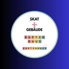 Text: "SKAT + GEBÄUDE, KARTEN HAUS, KARTENHAUS". Bunte Buchstaben, blau-violetter Hintergrund.