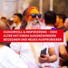 Humorvoll & inspirierend – dem Alter mit einem Augenzwinkern begegnen. Bärtiger Mann mit bunter Farbe auf dem Gesicht.