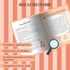 Mehr als nur ein Krimi! Textpassagen, Wortsuchrätsel, Illustration eines Hundes, Lupe, Text über Kapitel und Rätsel.