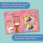 Fröhliches, farbenfrohes Layout für gute Laune beim Rätseln. Puzzle-Heft mit Smartphone-Illustrationen und Frühstücksbildern.