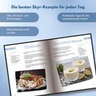 "Die besten Skyr-Rezepte für jeden Tag"; Tiramisu und Limetten-Mousse Rezeptseiten; Bilder der jeweiligen Speisen.