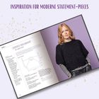 „INSPIRATION FÜR MODERNE STATEMENT-PIECES“. Links Text und Skizze zu „Lässiges Raglanshirt“, rechts Frau im schwarzen Pullover.