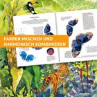 FARBEN MISCHEN UND HARMONISCH KOMBINIEREN. Illustration mit Schmetterlingen, Tukan und Tiger im dichten Dschungel.