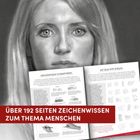 Überschrift: "Über 192 Seiten Zeichenwissen zum Thema Menschen". Ein Skizzenbuch zeigt Zeichentechniken. Porträt einer Frau.