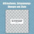 Text: "Affirmationen, Entspannungsübungen und Zitate", "Wir verstehen die Zahl, aber nie das Gezählte. - Blaise Pascal". Hintergrund: Blaues Muster.