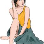 Illustration einer sitzenden Frau in gelbem Top und grünem Rock, mit einem gemusterten Stirnband.