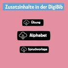 "Zusatzinhalte in der DigiBib" oben, darunter schwarze Buttons mit "Übung", "Alphabet", "Spruchvorlage". Logos daneben.