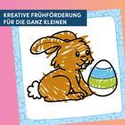 "KREATIVE FRÜHFÖRDERUNG FÜR DIE GANZ KLEINEN." Eine Illustration zeigt einen braunen Hasen mit Karomuster neben einem Osterei.
