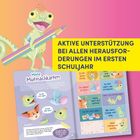 AKTIVE UNTERSTÜTZUNG BEI ALLEN HERAUSFORDERUNGEN IM ERSTEN SCHULJAHR. Ein Chamäleon hält einen großen Buntstift.