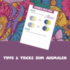 "FARBEN MISCHEN; ZWEI FARBEN: zuerst Gelb, dann Blau; Tipp zu kreisenden Bewegungen. Hintergrund: bunte Blumen."