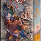 "Tusk Love", Illustration: Zwei Wesen umarmen sich am Meer, im Hintergrund ein brennendes Schiff.