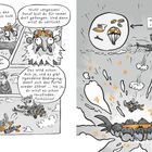 Eine Comic-Illustration: Zwei Figuren sprechen über ein Portal. Eine springt mit einem Fallschirm in ein Loch. Texthinweis: „Was hat Moni vergessen?“