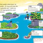 Texte beschreiben verschiedene Inseln mit Gefahren: Spinnen, Vulkane, Krebse, Erdbeben, Fabrik, Seetang, Schlangen. Aquarell-Illustration.