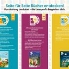 **Seite für Seite Bücher entdecken! Von Anfang an dabei – die Leseprofis begleiten dich.**

Drei Spalten: Links "ab 4 J.", Mitte "ab 6 J.", Rechts "ab 7 J." mit Details zu Leseanforderungen.