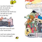 Texte: "Was soll man eigentlich nicht mit in ein Feriencamp nehmen?" und Beschreibungen zum Reisen. Illustrationen von Koffern, Taschen und seltsamen Gegenständen wie eine Stehlampe.