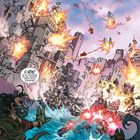 „O NEIN! Es ist schlimmer, als wir dachten! Bleibt dicht zusammen!“ Illustration einer Stadt in Trümmern, Explosionen.