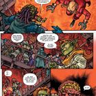Comic-Panel mit Fantasy-Charakteren in einem feurigen, apokalyptischen Szenario. Dialoge über Evakuierung und Emotionen.