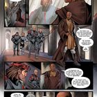 In der Illustration sehen wir mehrere Personen in einem futuristischen Gang. Textpassagen handeln von Spionen und einer bedrohlichen Situation.