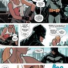 Comic-Szene: Eine Frau spricht mit einem maskierten Helden auf einem Dach. Texte über Superhelden und eine Boom-Soundeffekt.