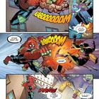 Ein wütender Kampf zwischen "Spider-Hulk" und dem grünen Goblin in einer Stadt. Explosionen, Zerstörung und fliegende Trümmer.