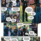Diese Comic-Illustration zeigt eine Gruppe von Menschen bei einer abendlichen Zusammenkunft in formeller Kleidung. Sie halten Kerzen. Gespräche drehen sich um Portale, Verabredungen und Mutanten. Es gibt lebhafte Diskussionen und Interaktionen in einer Waldumgebung.