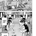 Comicszene: Menschen spielen Karten an einem Tisch. Im DCI-Turnierzentrum. Spiel 1 von 3: Hajime Kanō vs. Emi Sawatari.