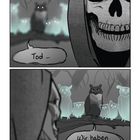 Text: "Tod...", "Wir haben dich erwartet." 
Illustration: Eine Gestalt mit einem Totenkopf steht vor Eulen im Wald.