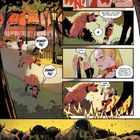 „Derweil, irgendwo in Gotham“, Frau läuft mit Hyäne, laute Rufe, erschrickt über heranstürmende Büffel. Comic-Illustration.