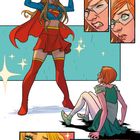 "Keine Sorge. Ich pass auf. V-vielen Dank, ähm ...". Superheldin hebt Steinblock, Mädchen sitzt überrascht. Comic-Stil.