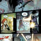 Comic-Panel mit Nachtkulisse, Superhelden, und Texten wie "Nightwing.", "Oracle, Signal." und "Findet euren Bruder."