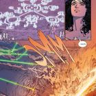 Rede- und Gedankenblasen, geometrische Muster auf dem Boden, Frau mit Krone, Landschaft mit Lichtlinien, Explosion.