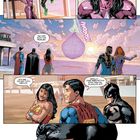 Comic mit Superhelden: Green Lantern, Star Sapphire und bekannte Helden an einem Strand bei Sonnenuntergang.