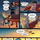 Mehrere Panels in einem Comic mit Superhelden im Gespräch, darunter Superman. Wolken und Sonnenuntergang im Hintergrund.