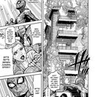 Illustration eines brennenden Gebäudes. Menschen bitten Spidey um Hilfe: „Bitte rette meinen Jungen, Spidey!“ Rauch und Flammen.