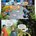 Komik-Illustration: Reed arbeitet an einem Teleporter. Johnny begrüßt Wyatt im Park. Lebendige Farben und dynamische Figuren.