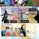 Comic mit Freunden, die Halloween-Kostüme besprechen. Zauberer und Prinzessin-Kostüm, Diskussion über Nerd-Themen.