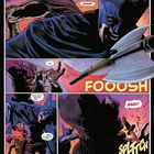 Eine Comicseite zeigt dynamische Kämpfe mit Batman. Texte: „Verdammt!“, „Foooosh“, „Weiß nicht, was das war“, „Aaah!“.