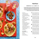 "Fisch-Tacos. Zutaten: Olivenöl, Koriander, Zwiebel, Tomaten, Limetten, Kohl, Karotte. Zubereitung in 6 Schritten beschrieben."