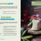 Links Rezept für Iced Chai Latte und Chai-Sirup. Rechts ein Glas mit Milch, verziert mit rotem Band und Blättern.