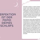 Perfektion ist der Feind deines Schlafs. Links: Mond und Sterne. Rechts: Text über Schlaf, Daten und Orthosomnia.