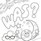 Text "WAS?" in großen Buchstaben. Eine Illustration von Fischen, einer Wolke mit Brille, Mond, Sternen und einem lächelnden Himmelskörper.