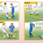 "TACKLING VON VORNE", "GRÄTSCHE", "TOPTIPP", "TACKLING VON DER SEITE". Fußballspieler auf grünem Feld, Anweisungen zum Tackling.