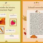 Links: "Genieße die letzten warmen Tage!" mit Bildern eines Hauses, Beeren und Vogels. Rechts: Labyrinth mit Igel oben.