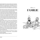 Text: "TEIL 1 FAMILIE".  

Illustration: Zwei Männer sitzen am Boden, einer liest ein Buch, neben ihnen Bauklötze.