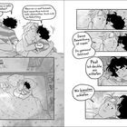 Zwei Jungen im Bett, zeichnen sich liebevolle Szenen; Dialoge über Schlaf, Übernachtung, Bewerbung, und leise sprechen.
