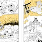 Zwei Kinder rufen nach ihrer Mama und rennen durch Trümmer. Riesige Augen erscheinen am Himmel. Dynamische Manga-Szene.