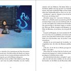 Links: Illustrierte Szene mit einem Kind, das an einem Erwachsenen zieht. Rechts: Fließtext auf zwei Seiten.