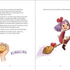 Text beschreibt eine Hexe namens Lia mit einem besonderen Besen. Rechts Illustration von Lia fliegend mit Besen.